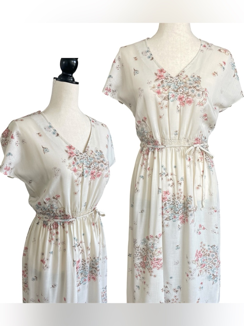 Vintage 70s Floral Handmade Midi Dress Flutter Sleeves
